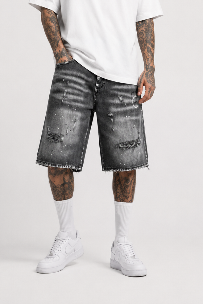 Bermuda Shorts Denim Baggy con Rotture e Schizzi di Vernice Art. Bm145