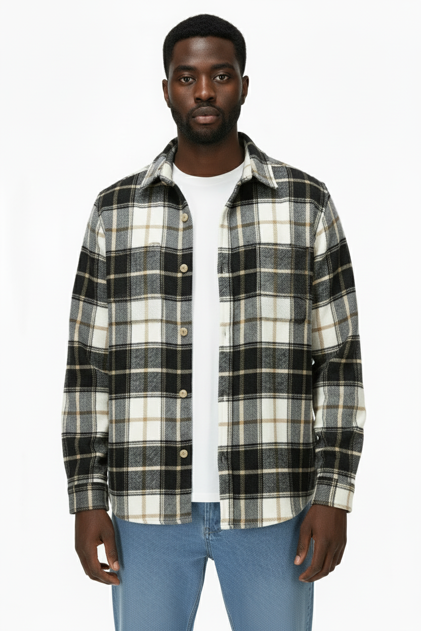 Camicia Uomo In Flanella A Quadri Scozzesi, Manica Lunga, Colore Nero/Bianco, Taglia S, Misto Cotone
