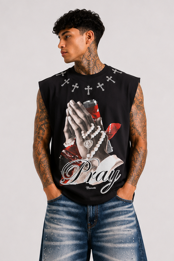 T-shirt Smanicata Grafica "Pray" con Croci Art. Ct16