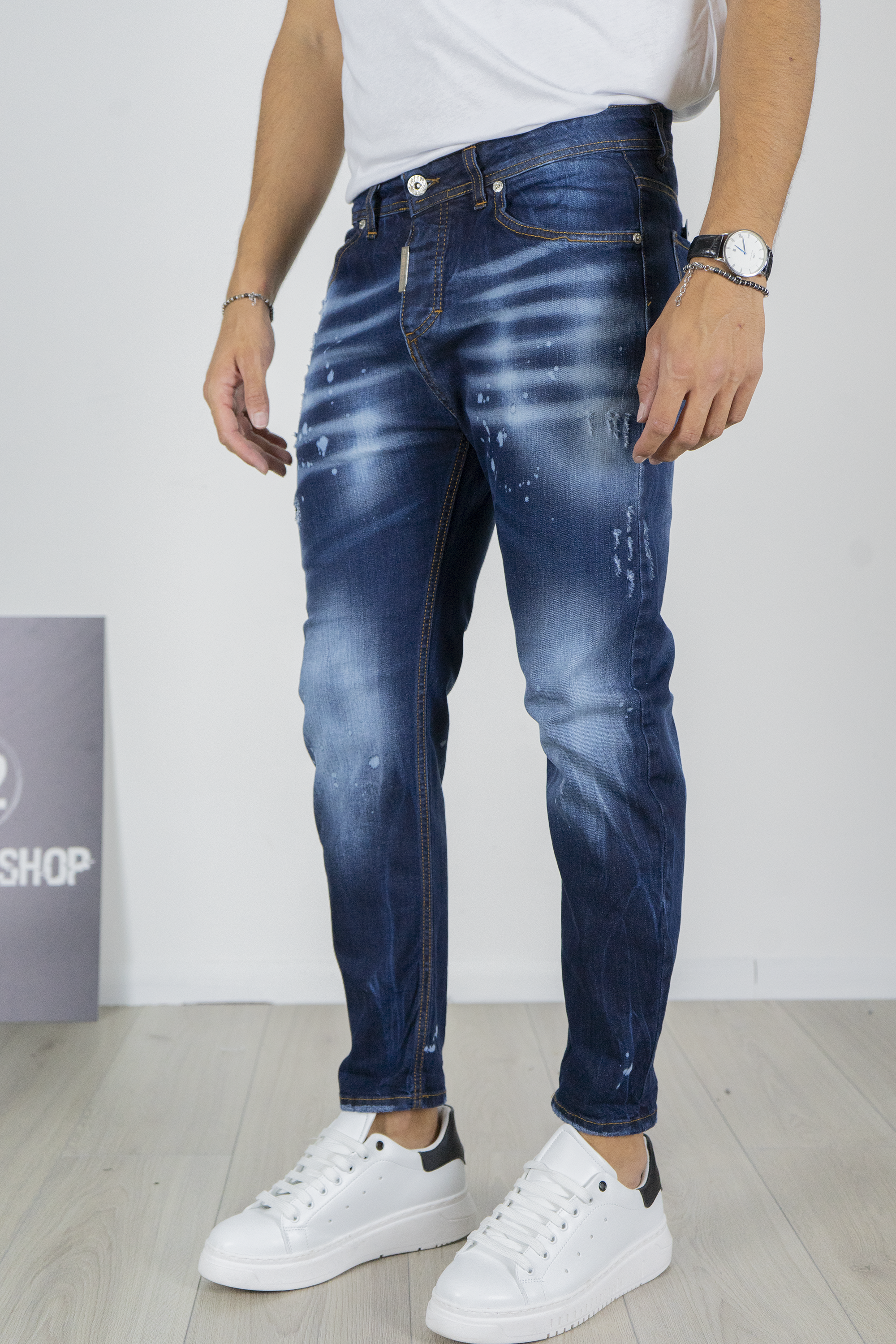 Jeans Uomo Slim Fit Blu Effetto Used con Dettagli Vernice Art. Js548