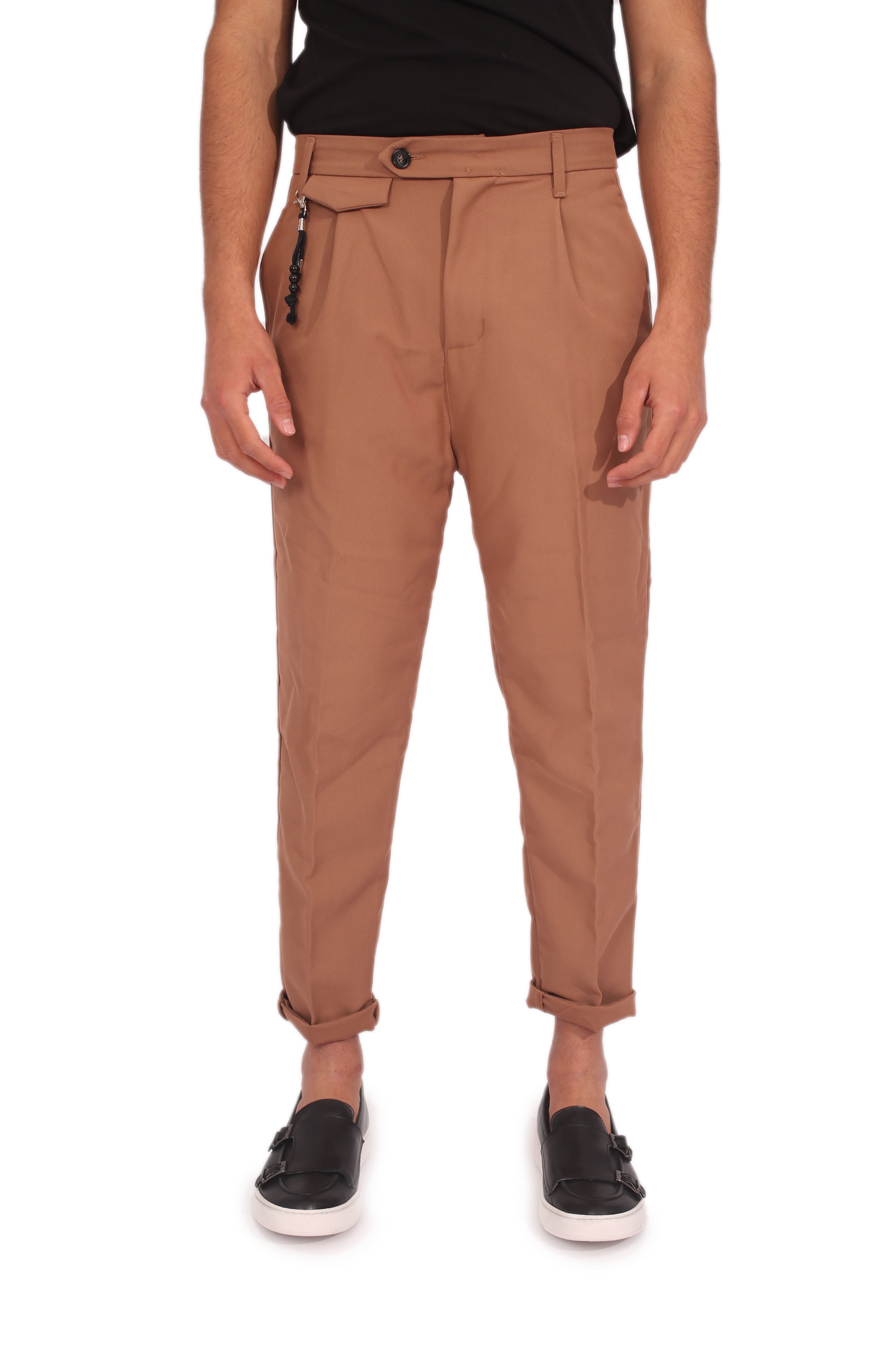 Pantalone Camel Uomo Cavallo Basso Con Pinces Bottone Laterale Tasca America Art. Pt78