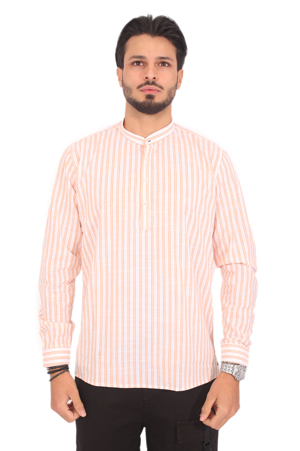 CAMICIA UOMO AKIRO' PORTOROTONDO COLLO COREANA CASACCA CON BOTTONI A META' FANTASIA RIGHE STRETTE ARANCIONE ART. CM61