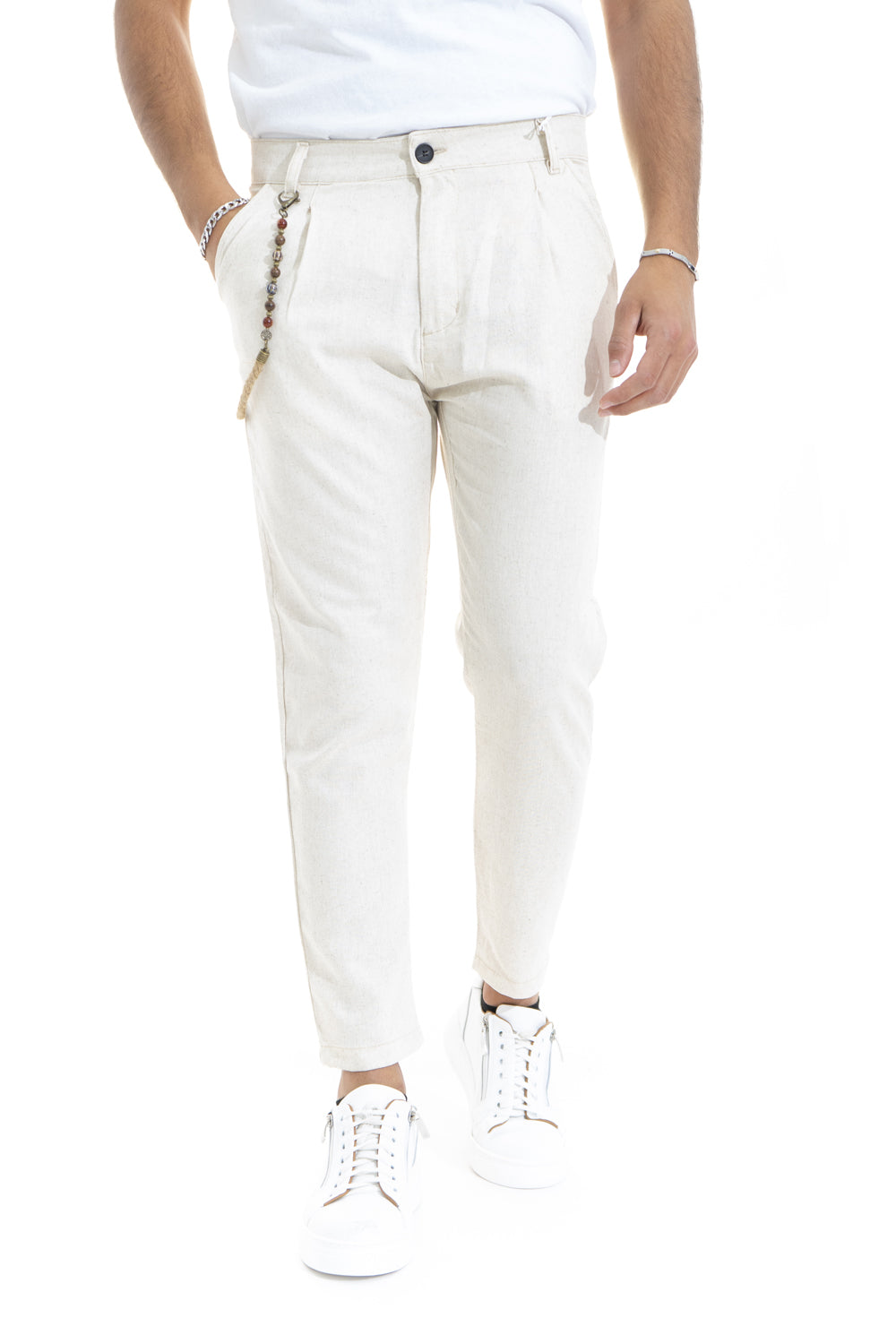 Pantalone In Lino Con Bottone Accessorio Laterale Tasca America Art. Pt48