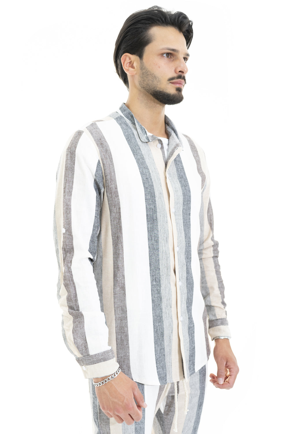 Camicia Uomo Lino Righe Larghe Collo coreano Art. Cm134