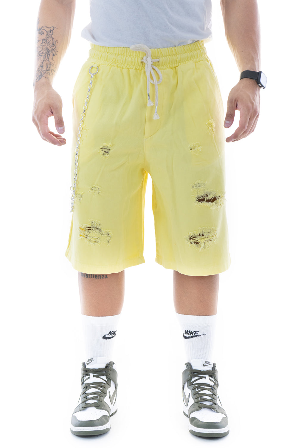 Bermuda Jeans Color Con Strappi E Catena Giallo Art. Bm60