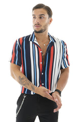 CAMICIA FANTASIA RIGHE COLORATE MANICHE CORTE VESTIBILITA' REGOLARE AZZURRO/ROSSO ART. CM30