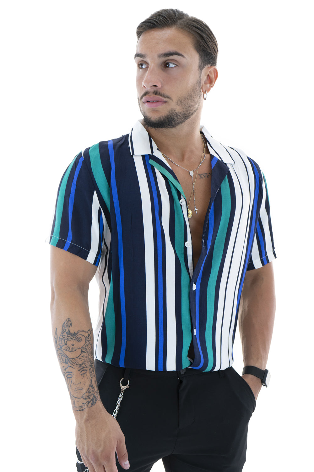 CAMICIA FANTASIA RIGHE COLORATE MANICHE CORTE REGULAR FIT BLU/VERDE ART. CM30