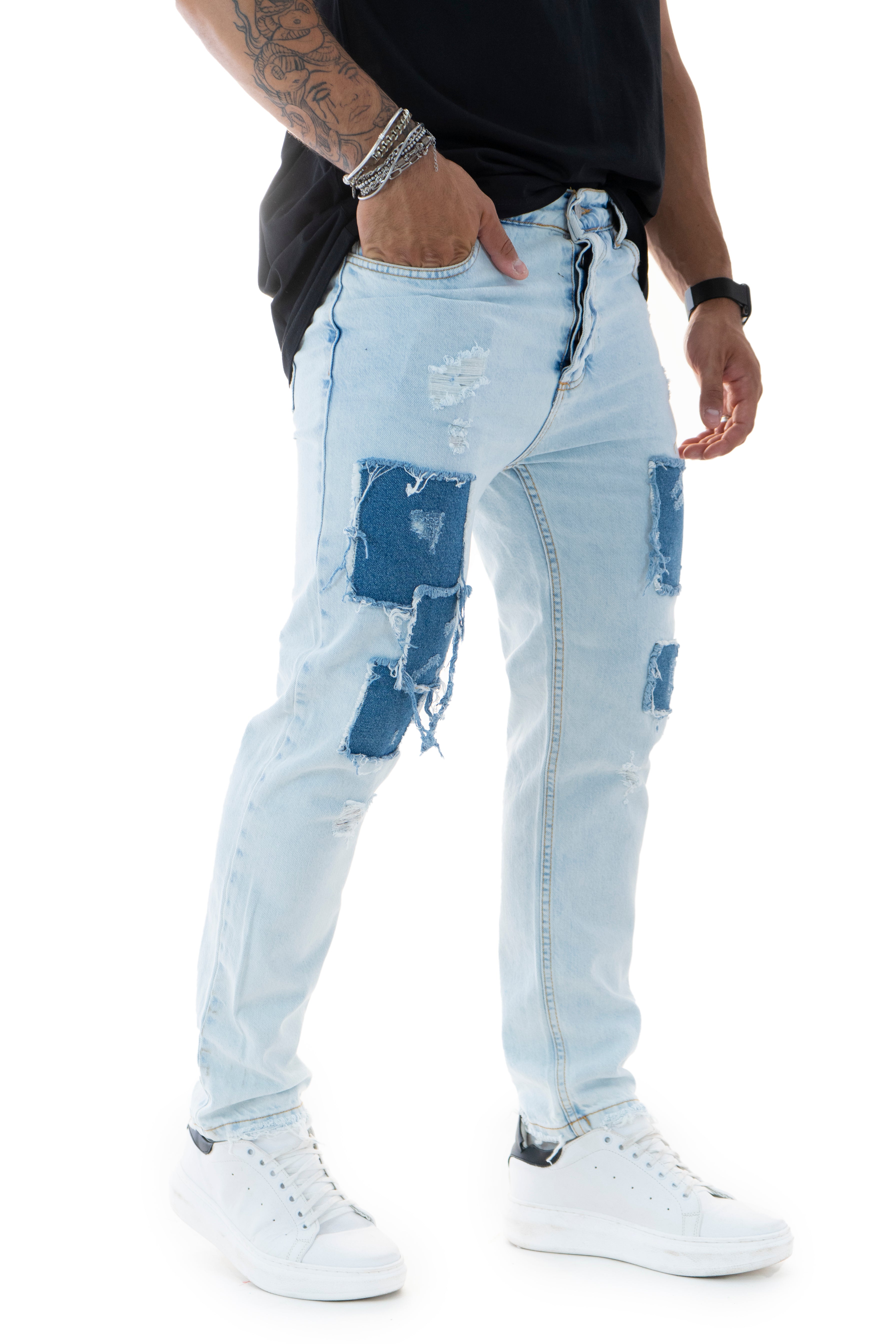 Jeans Uomo Con Toppe Rialzate e Abrasioni Art. Js265