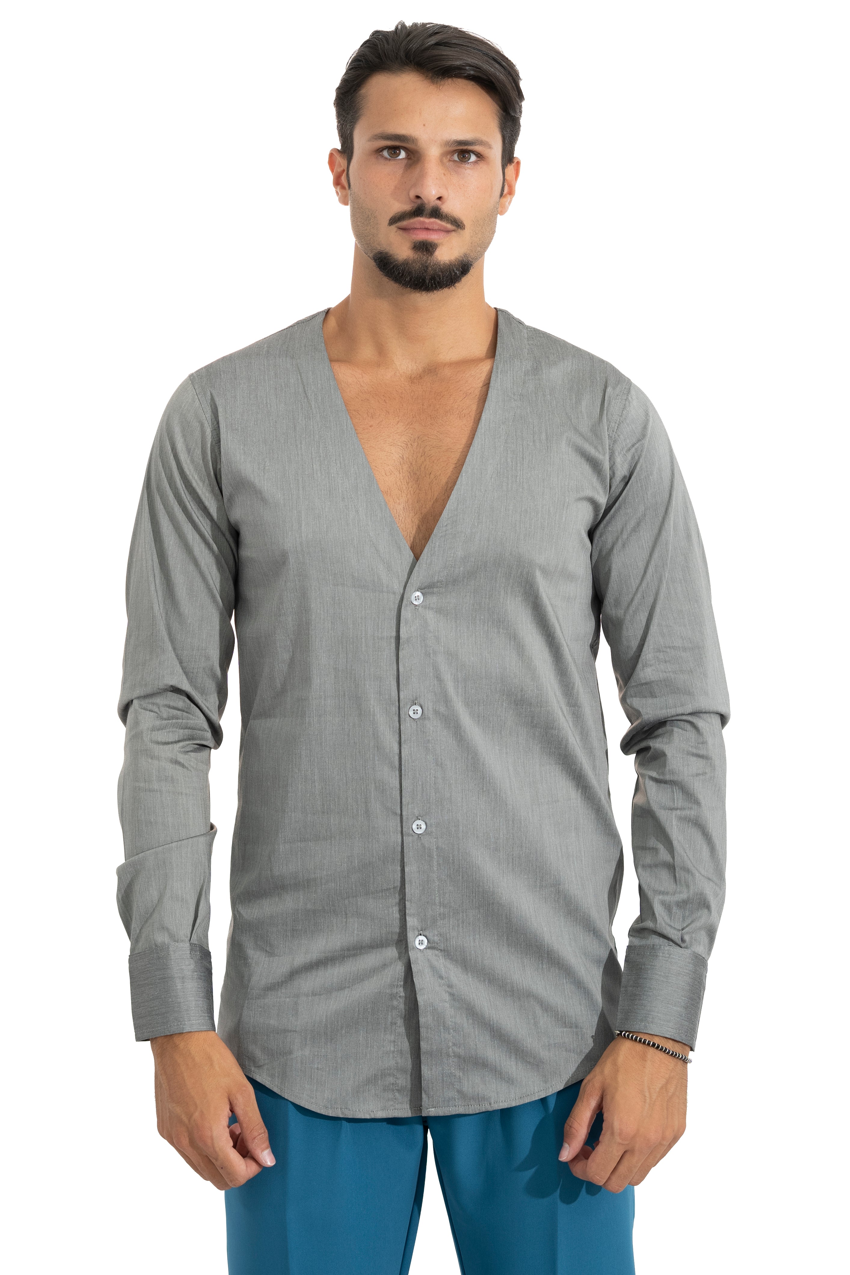 Camicia Estiva Uomo A Maniche Corte Con Bottoni E Scollo A V - Tessuto Texturizzato, Grigio/Nero, Taglia M