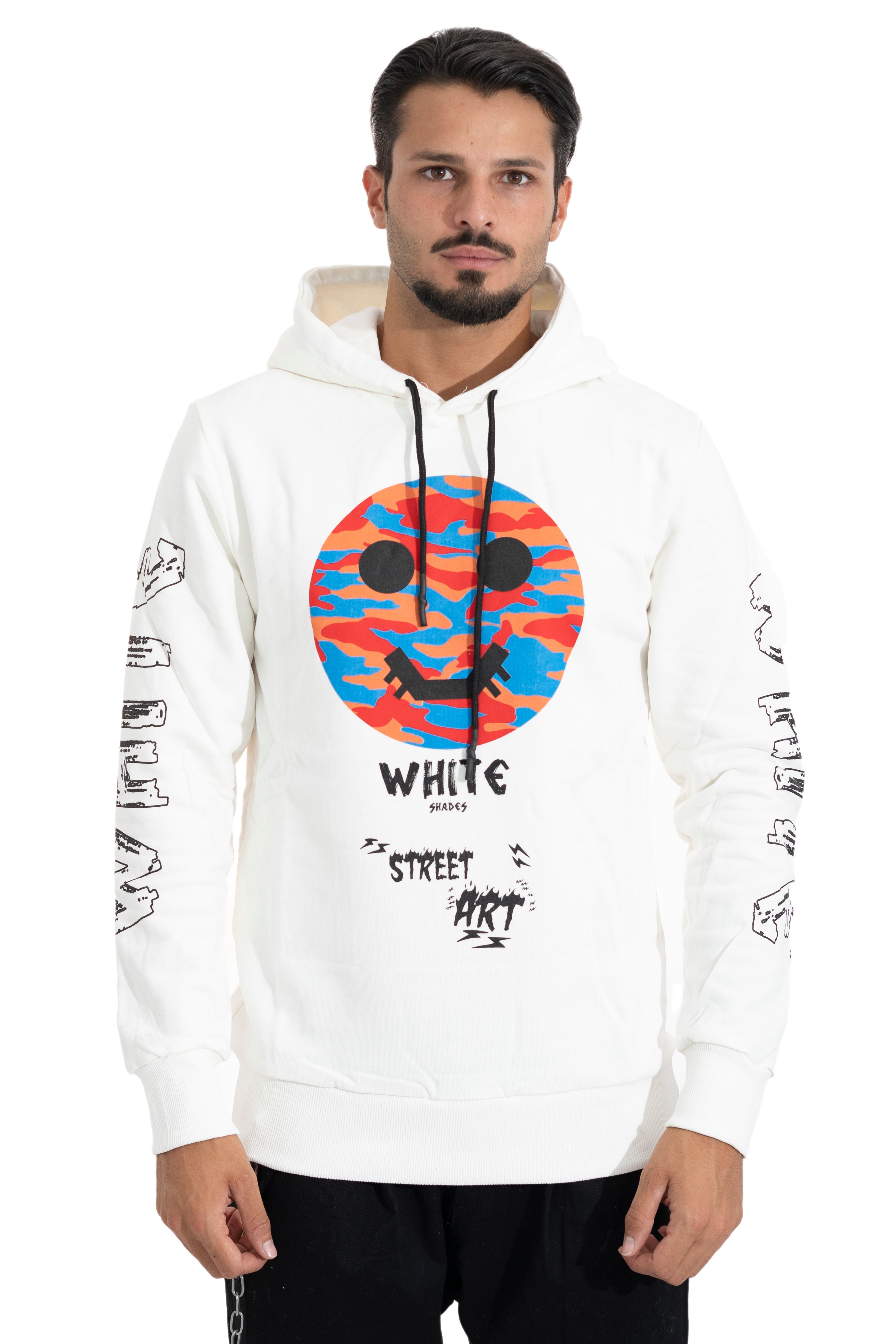 Felpa Uomo Hoodie White Street Art Con Cappuccio e Stampa Art. Fe72