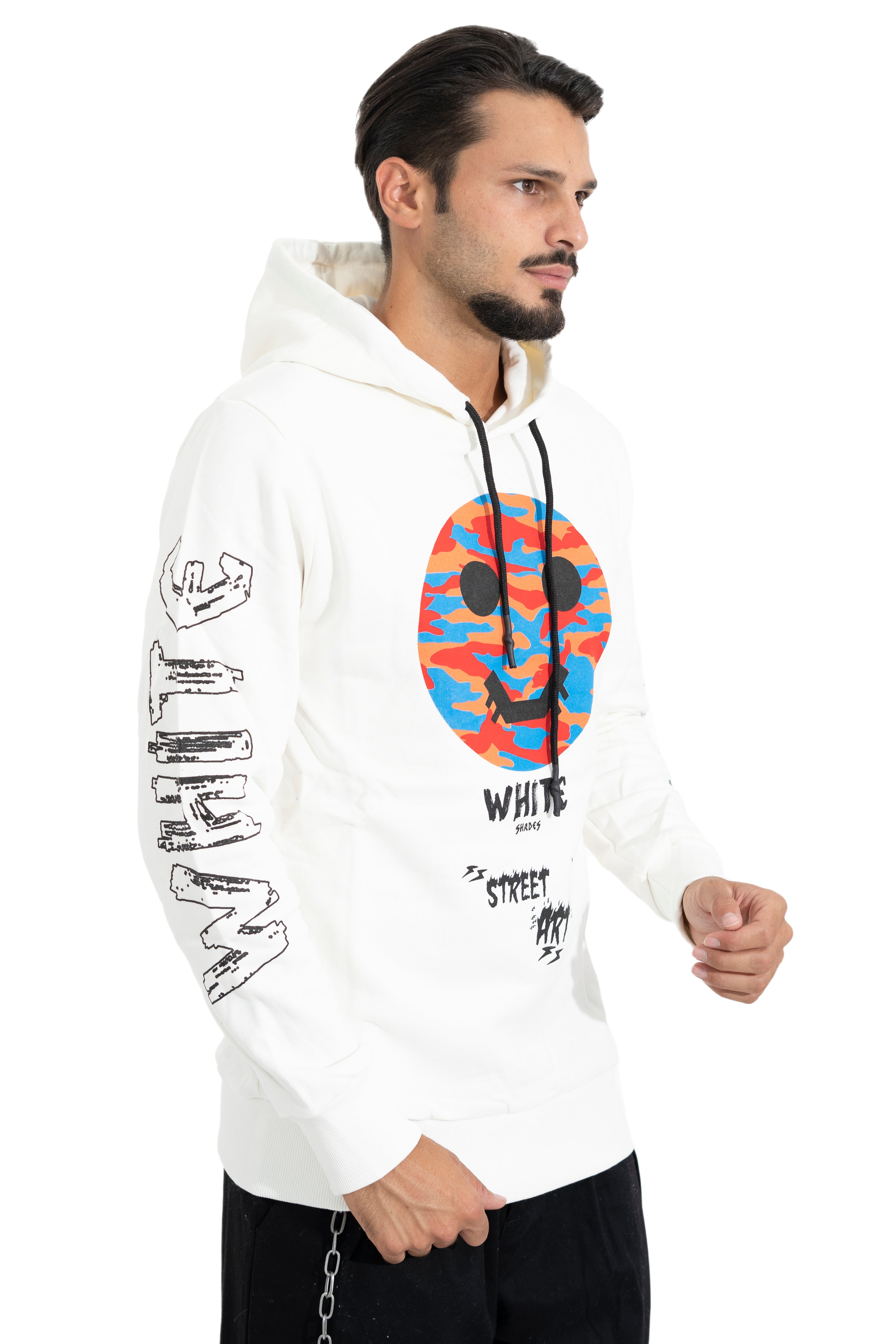 Felpa Uomo Hoodie White Street Art Con Cappuccio e Stampa Art. Fe72