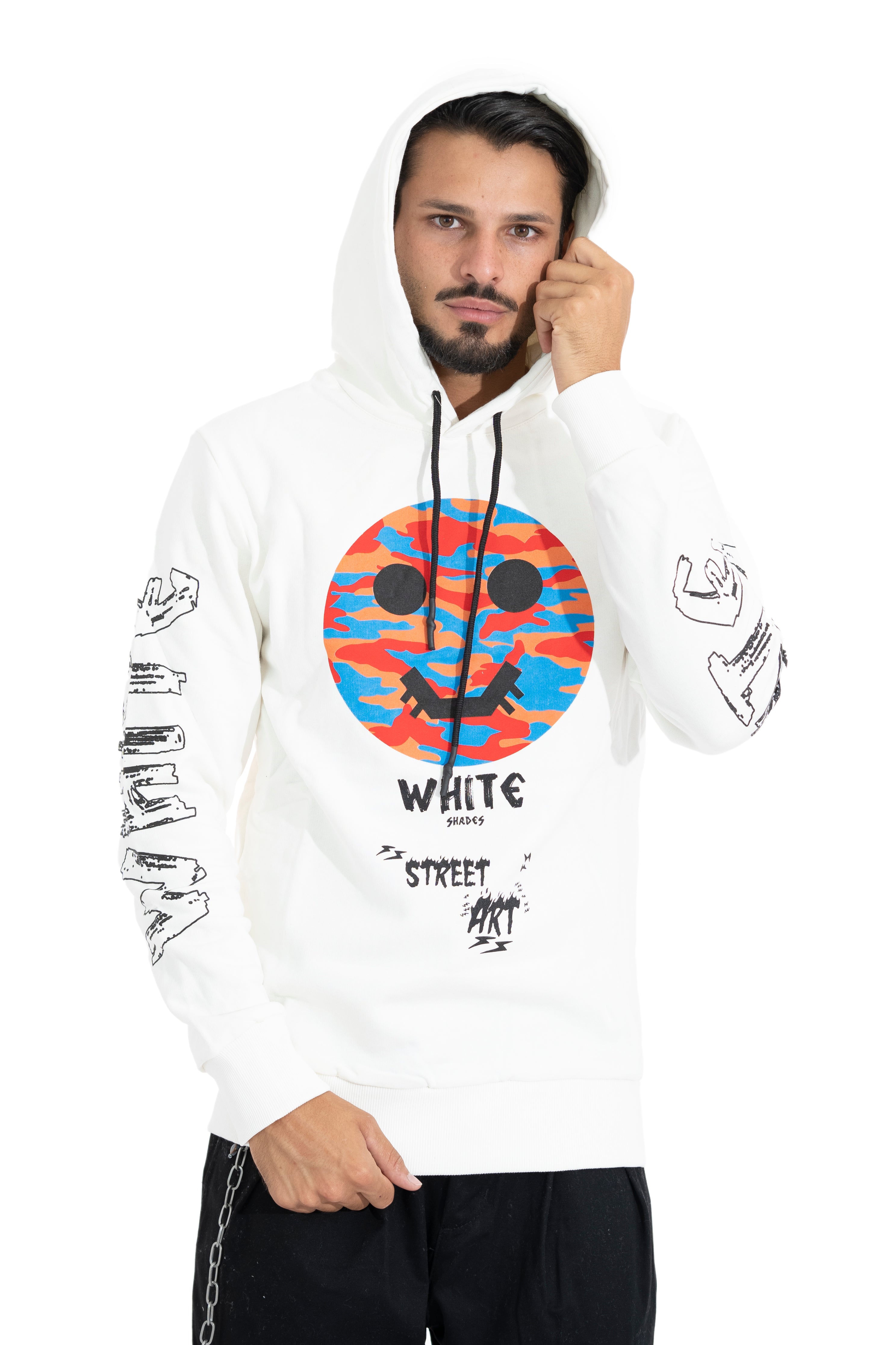 Felpa Uomo Hoodie White Street Art Con Cappuccio e Stampa Art. Fe72