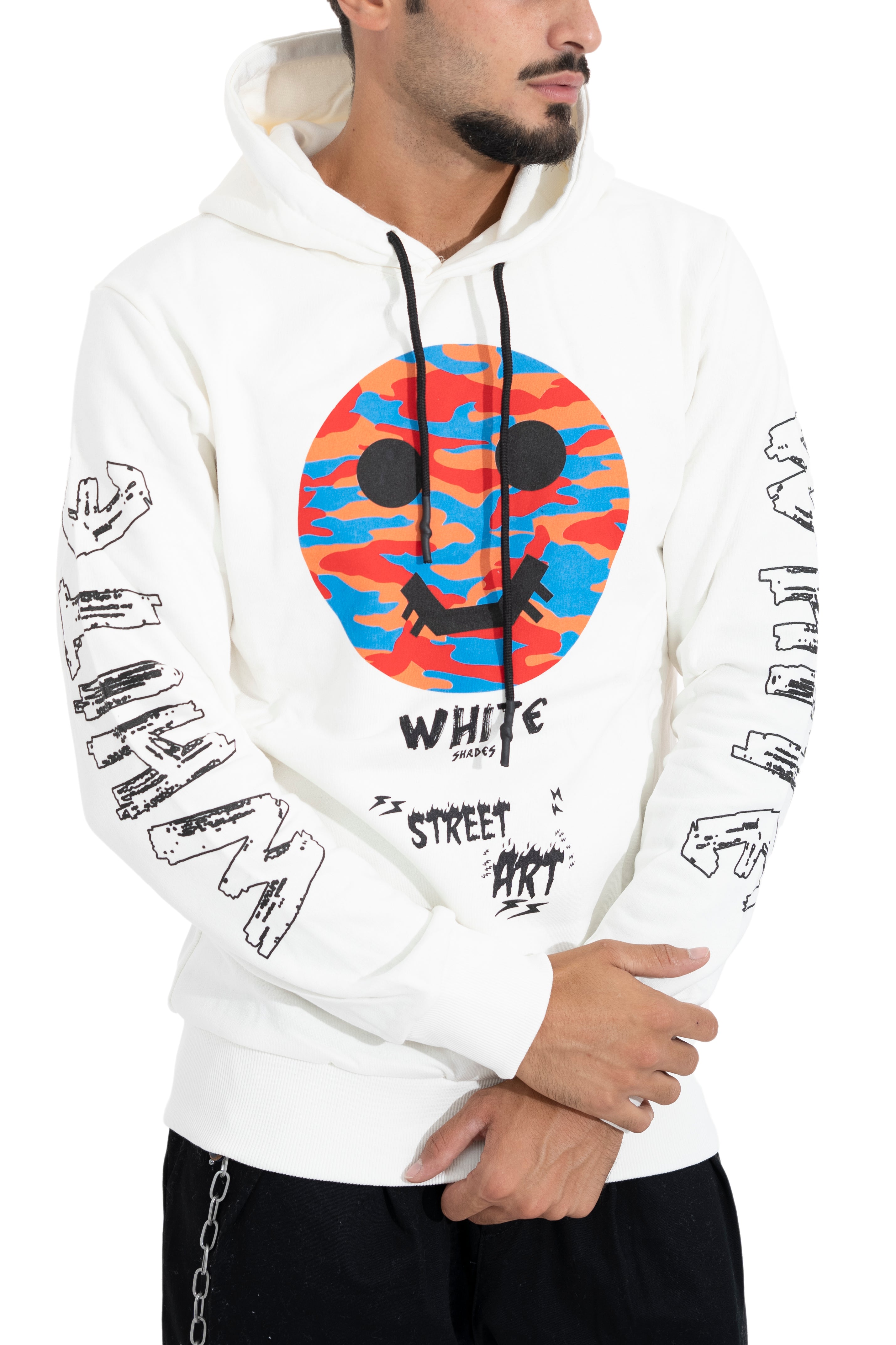 Felpa Uomo Hoodie White Street Art Con Cappuccio e Stampa Art. Fe72