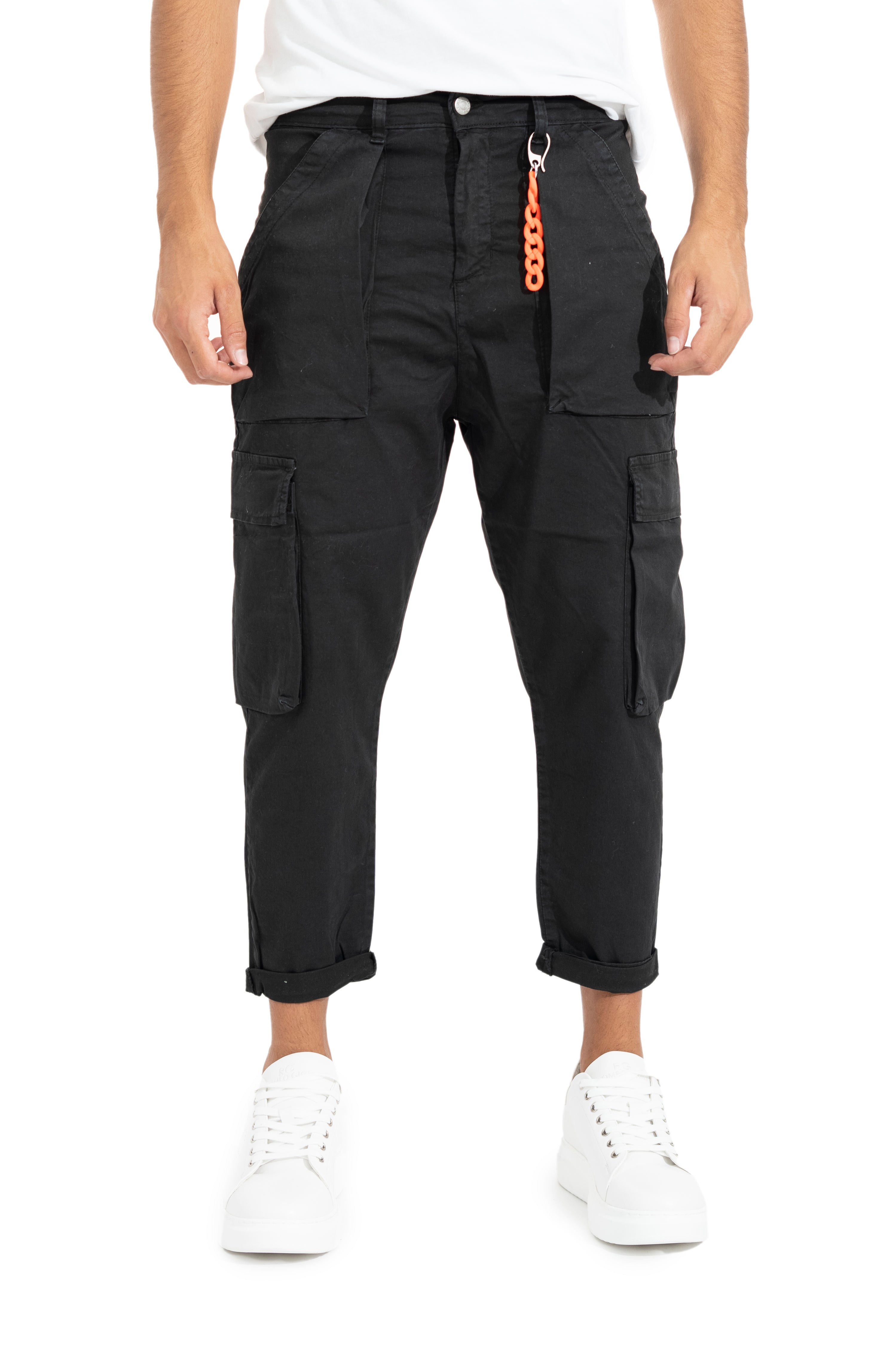 Pantalone Cargo Uomo 6 Tasconi Nero Cavallo Basso Con Accessorio Art. Pt80