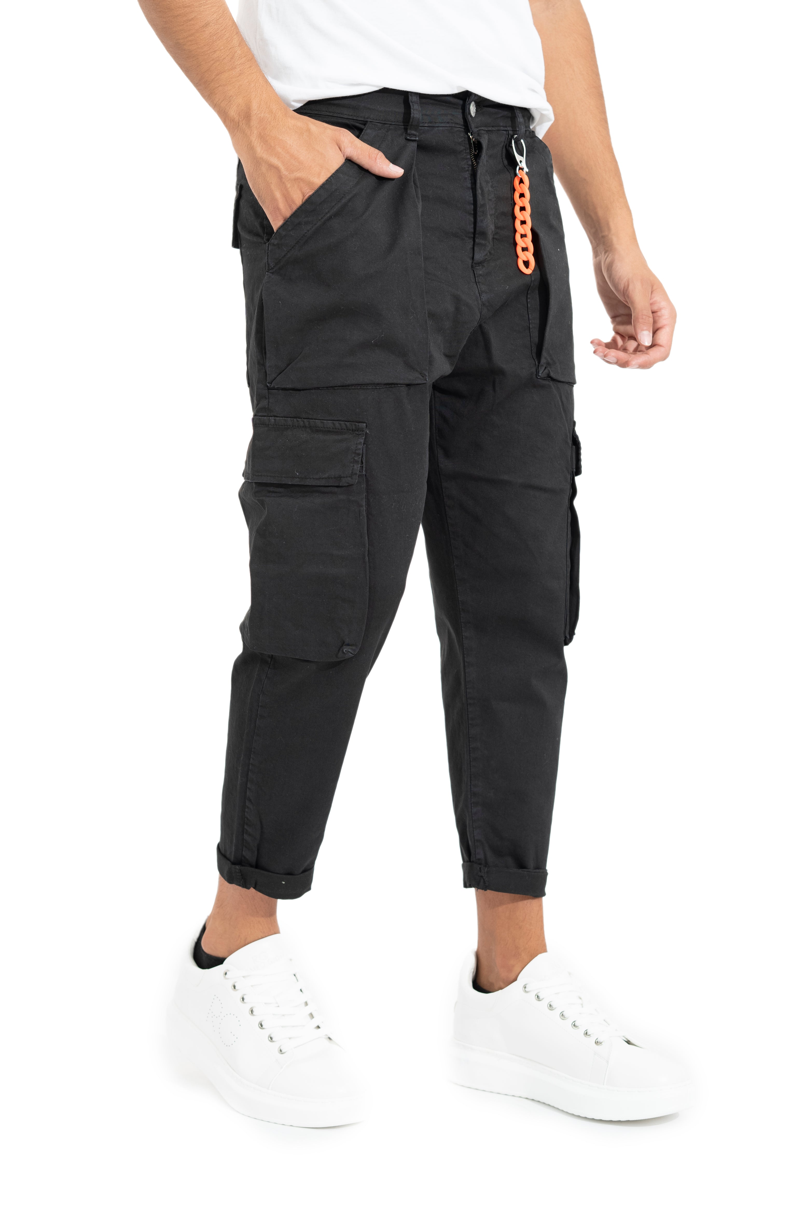 Pantalone Cargo Uomo 6 Tasconi Nero Cavallo Basso Con Accessorio Art. Pt80