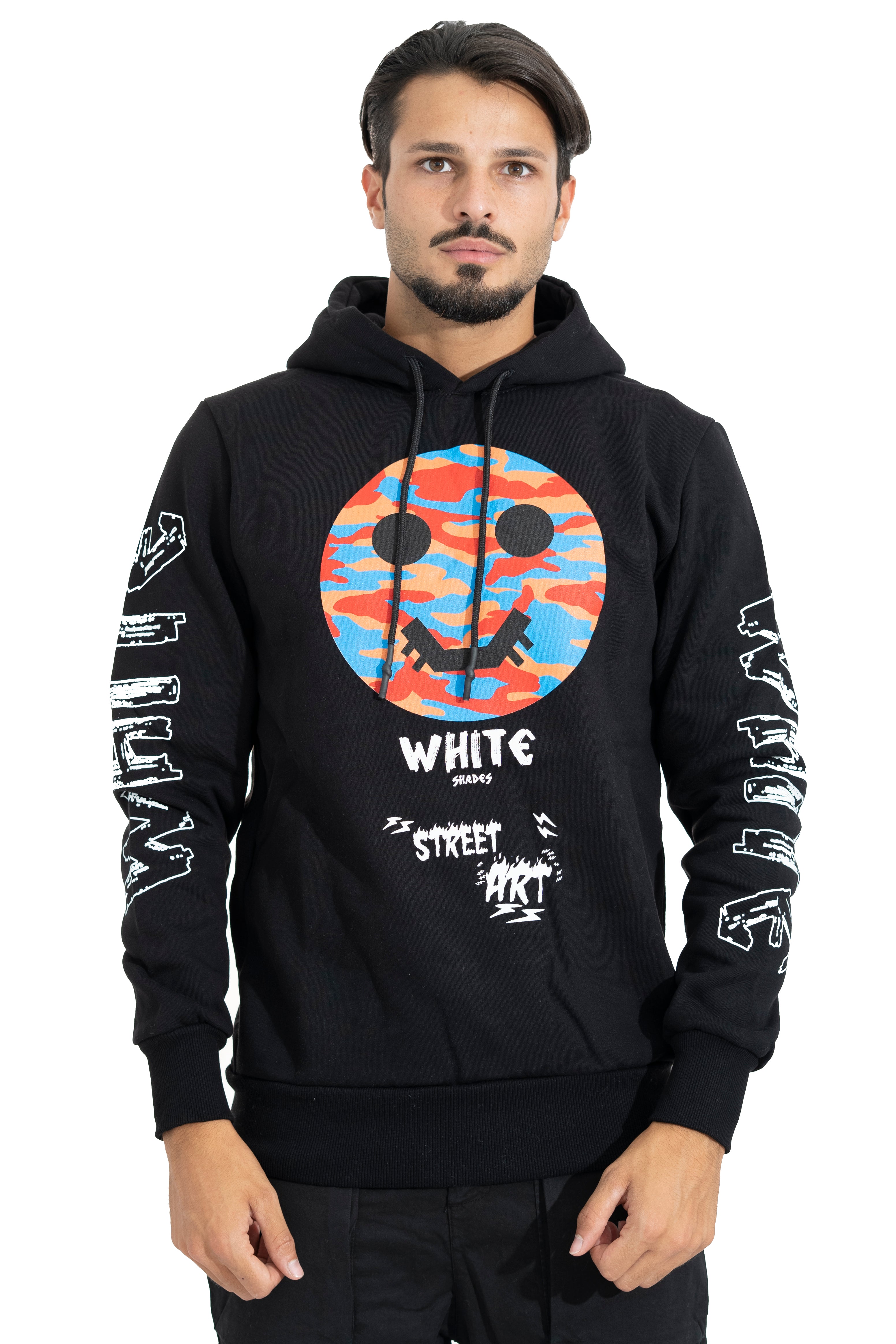 Felpa Uomo Hoodie White Street Art Con Cappuccio e Stampa Art. Fe72