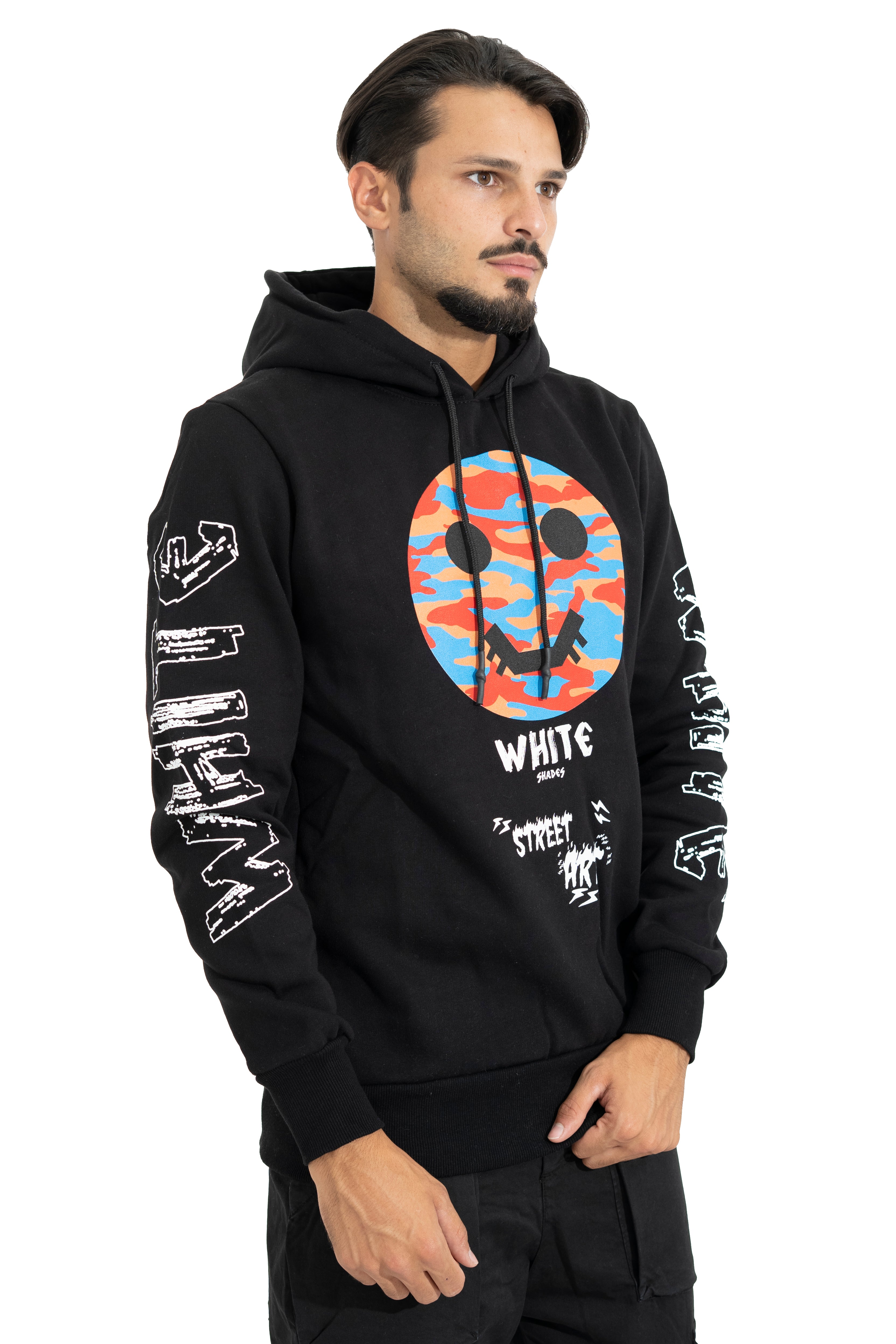 Felpa Uomo Hoodie White Street Art Con Cappuccio e Stampa Art. Fe72