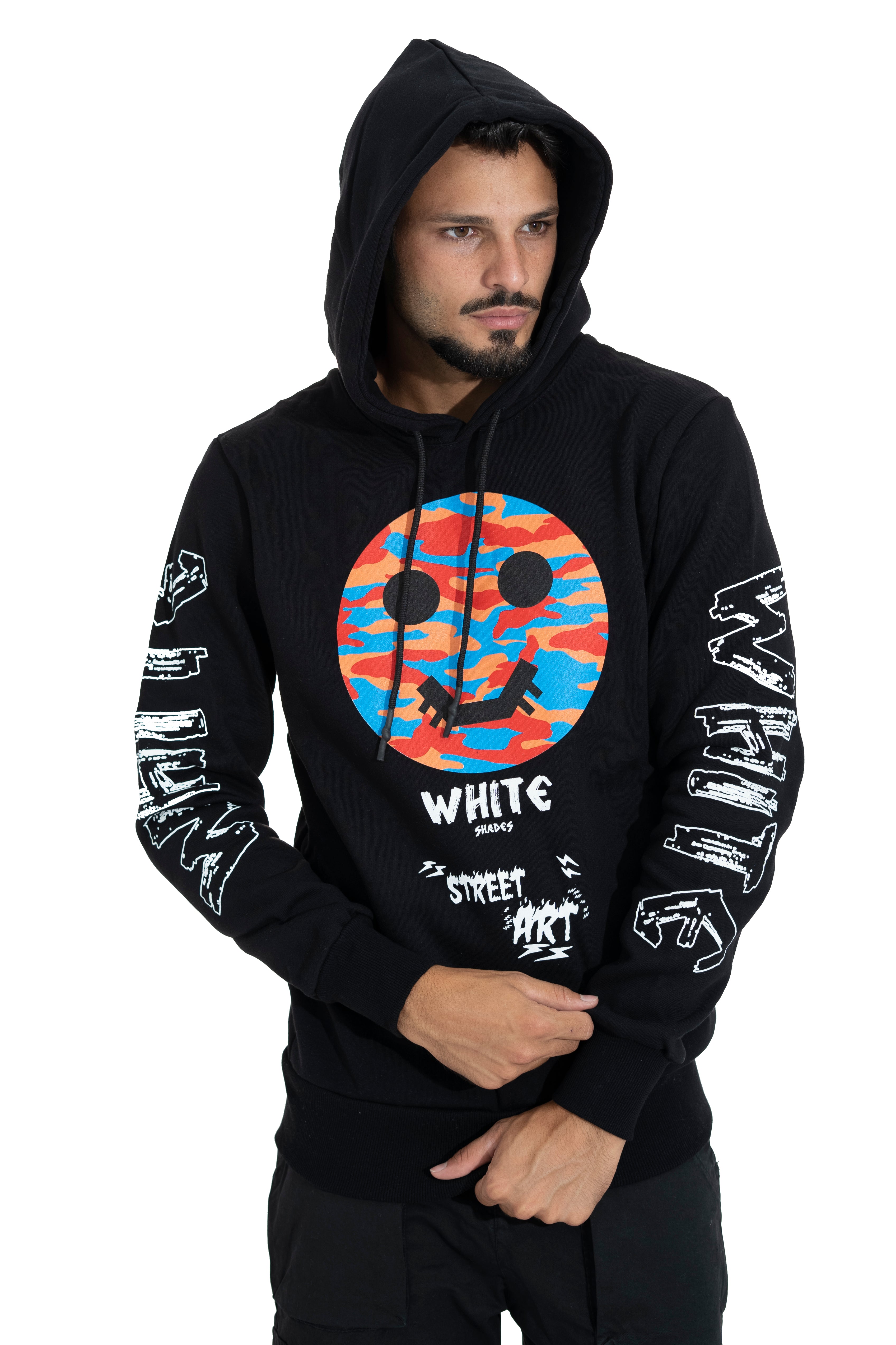 Felpa Uomo Hoodie White Street Art Con Cappuccio e Stampa Art. Fe72