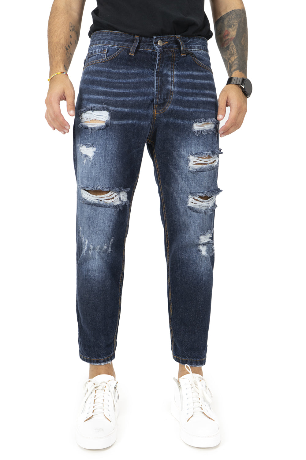 Jeans Uomo Con Sfumature e Strappi Lavaggio Scuro Art. JS296