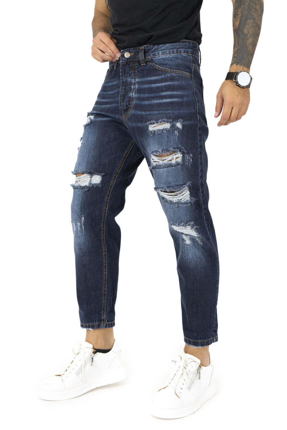 Jeans Uomo Con Sfumature e Strappi Lavaggio Scuro Art. JS296