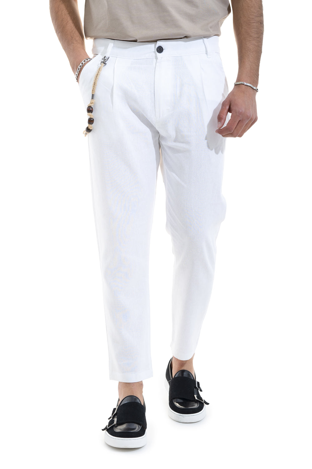 Pantalone In Lino Con Bottone Accessorio Laterale Tasca America Art. Pt48