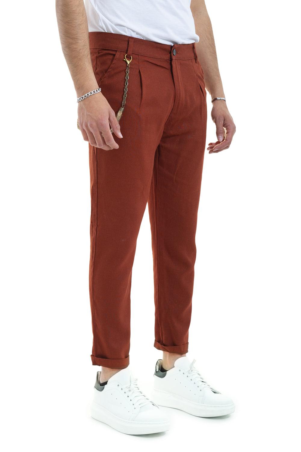 Pantalone In Lino Con Bottone Accessorio Laterale Tasca America Art. Pt48