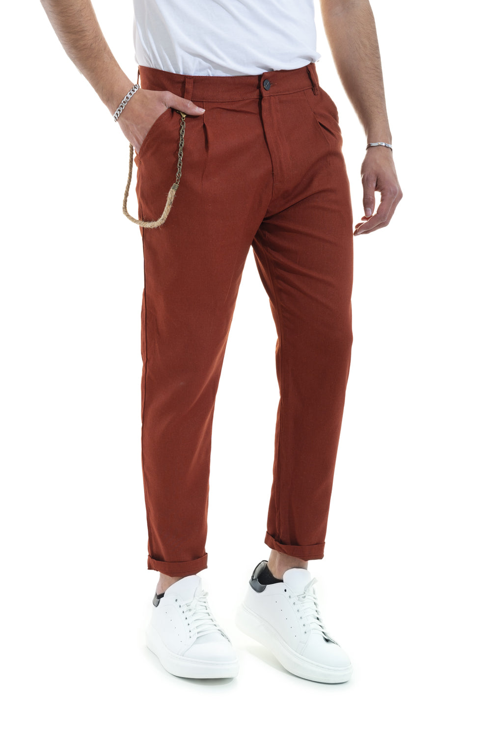 Pantalone In Lino Con Bottone Accessorio Laterale Tasca America Art. Pt48