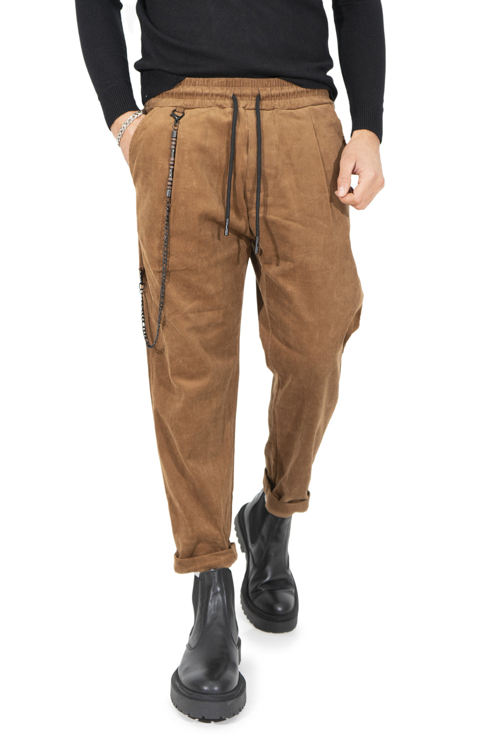 Pantalone Uomo Vita Jogger Costine Con Pinces e accessorio Art. Pt153