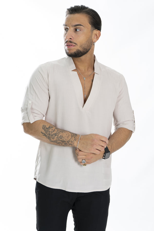 Chemise tunique en viscose à col en V pour homme de couleur unie Art. Cm163