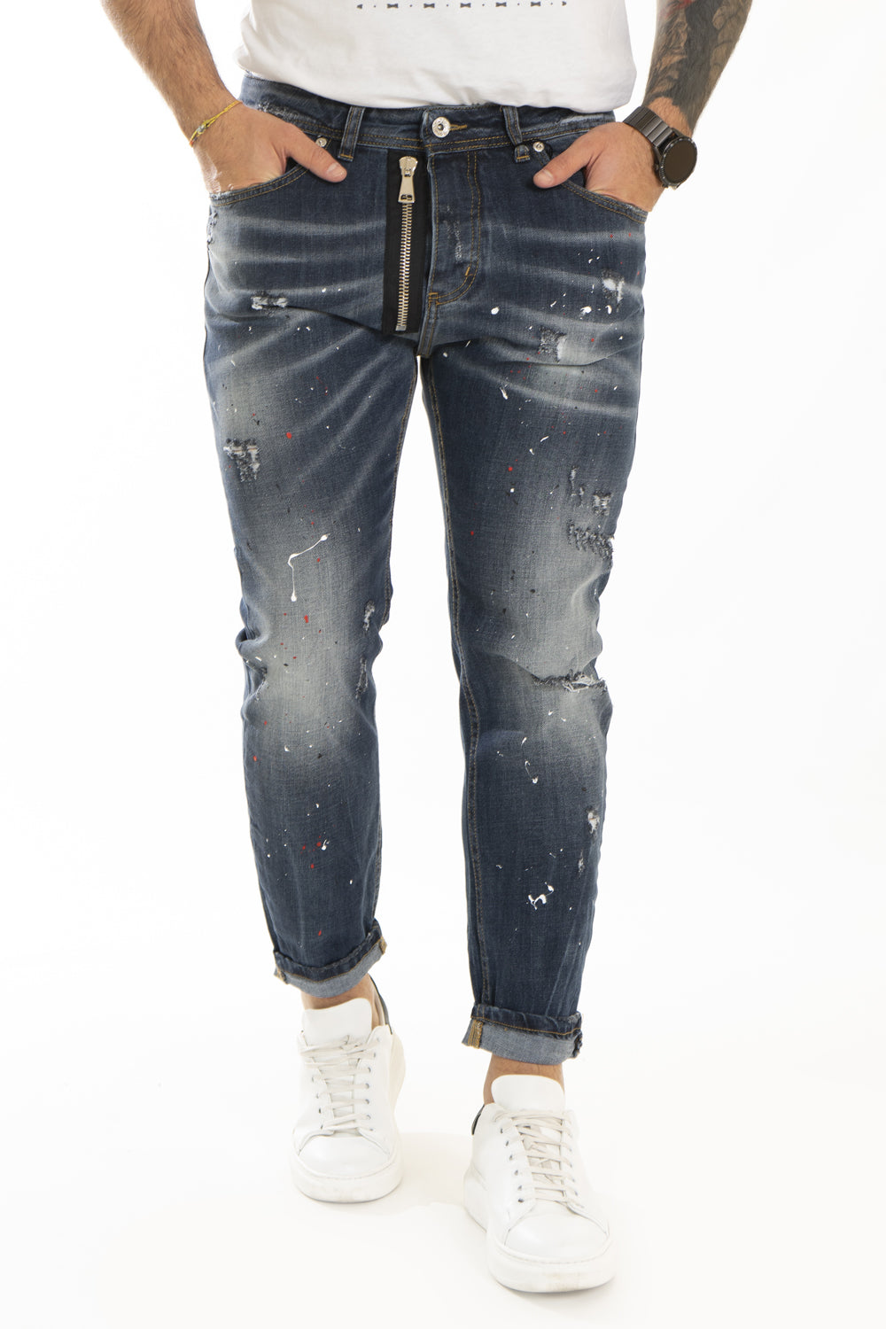 Jeans Uomo Con Zip Pittura Sfumature e Abrasioni Art. JS352