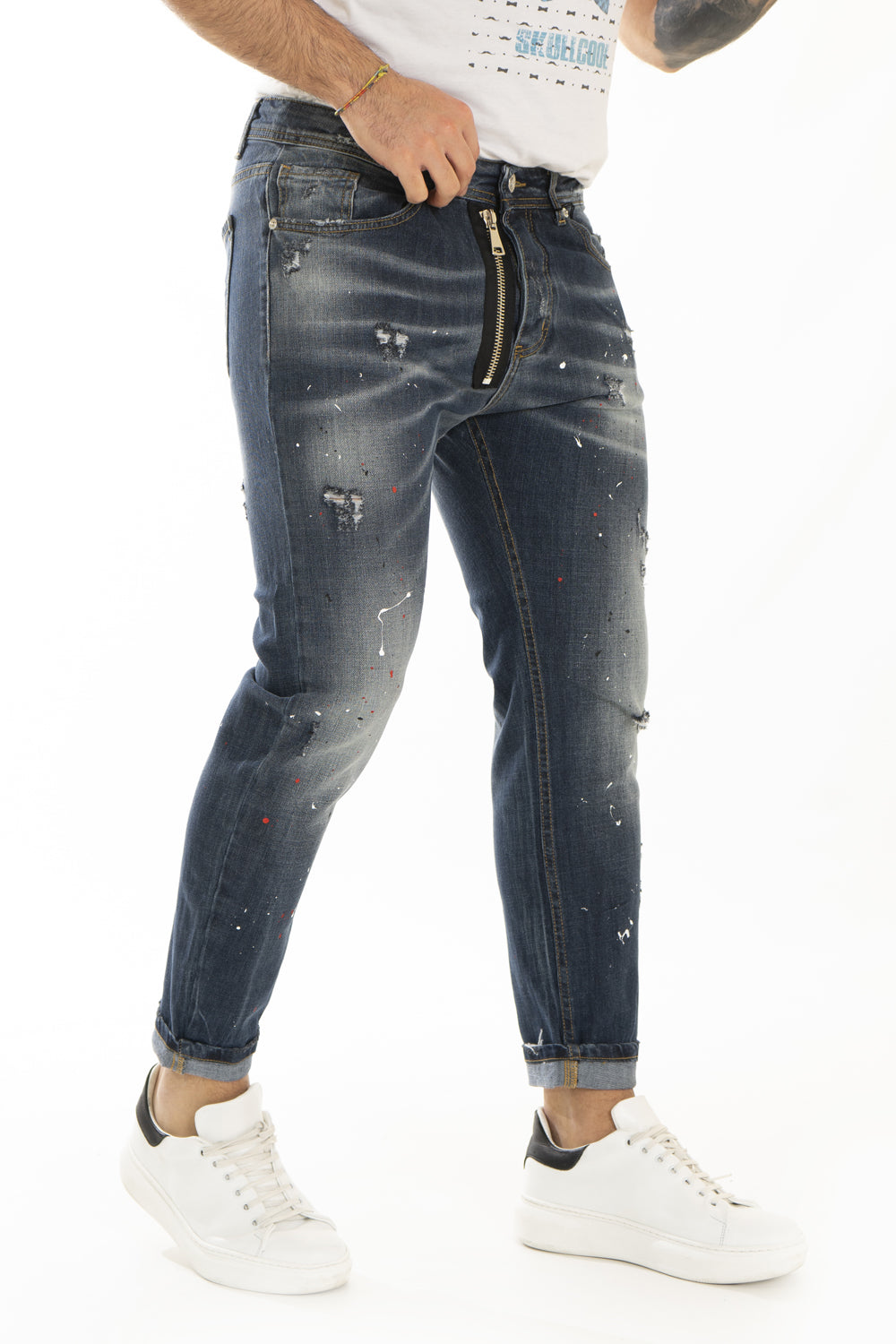 Jeans Uomo Con Zip Pittura Sfumature e Abrasioni Art. JS352