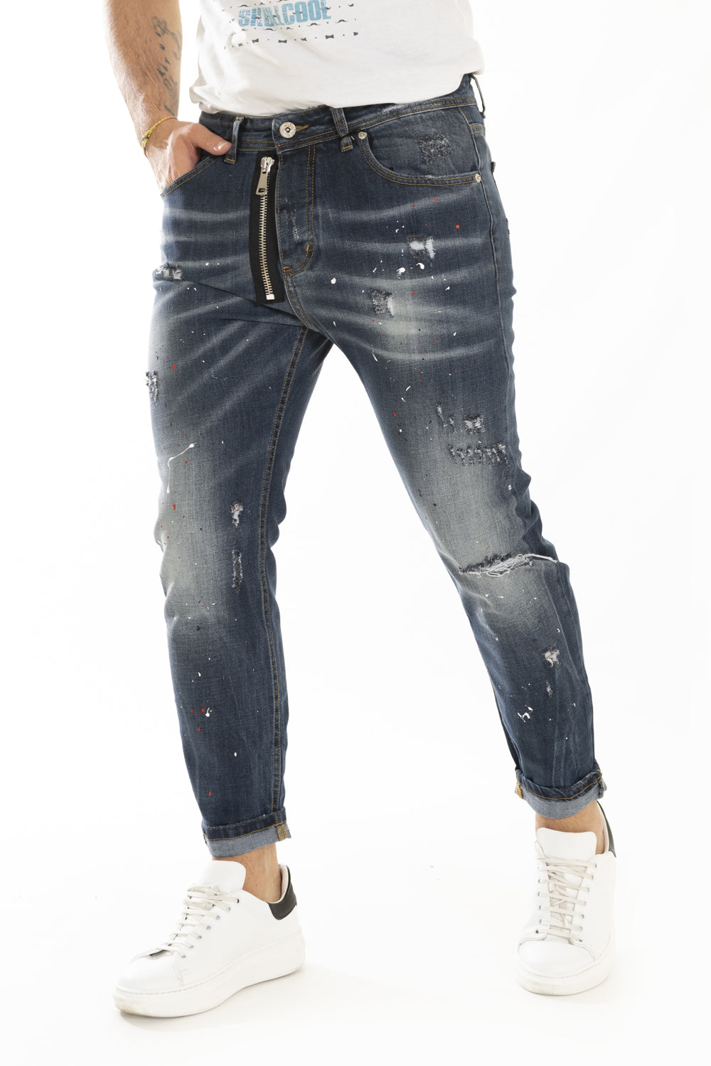 Jeans Uomo Con Zip Pittura Sfumature e Abrasioni Art. JS352