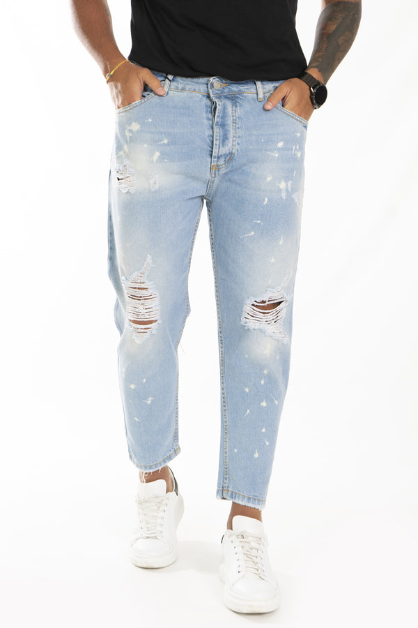 Jeans pour hommes avec déchirures, peinture et ombrage artistiques. Js356
