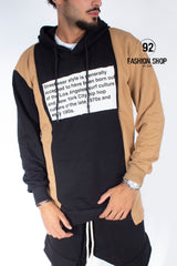 FELPA BLACKSVNDAY ''STREETWEAR'' BICOLORE CON CAPPUCCIO E SCRITTA ANTERIORE BEIGE / NERO