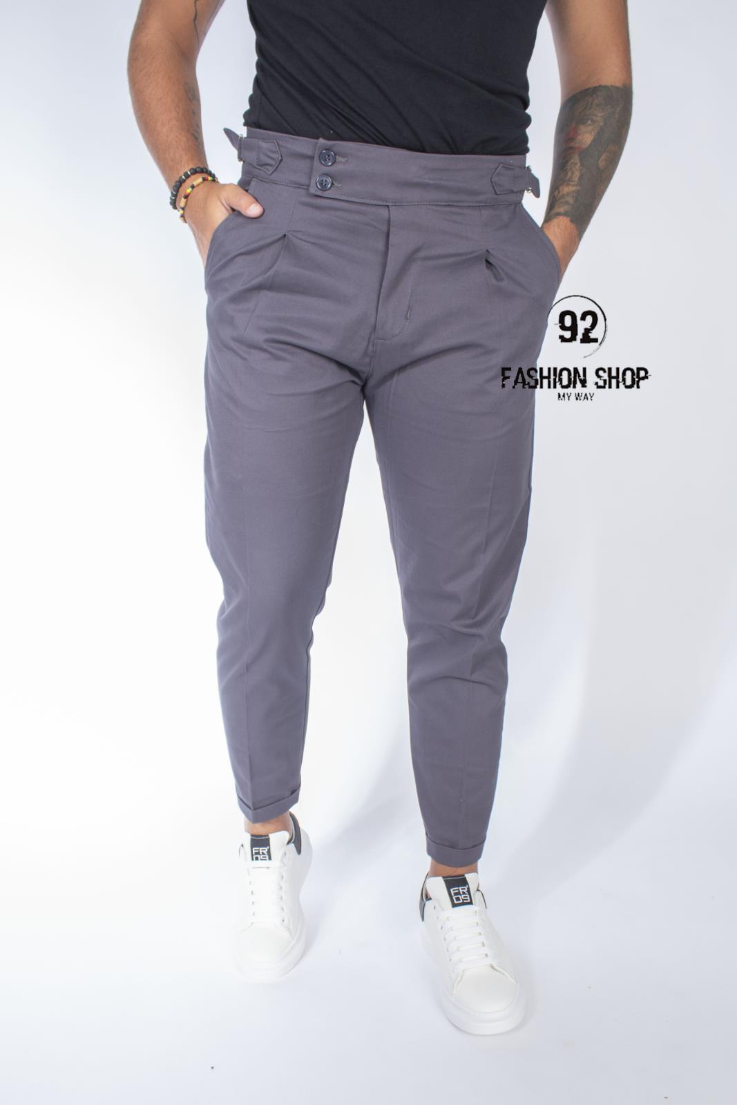 Pantalone Grigio Vita Alta Doppio Bottone Con Cinturino Tasca America Art. Pt60