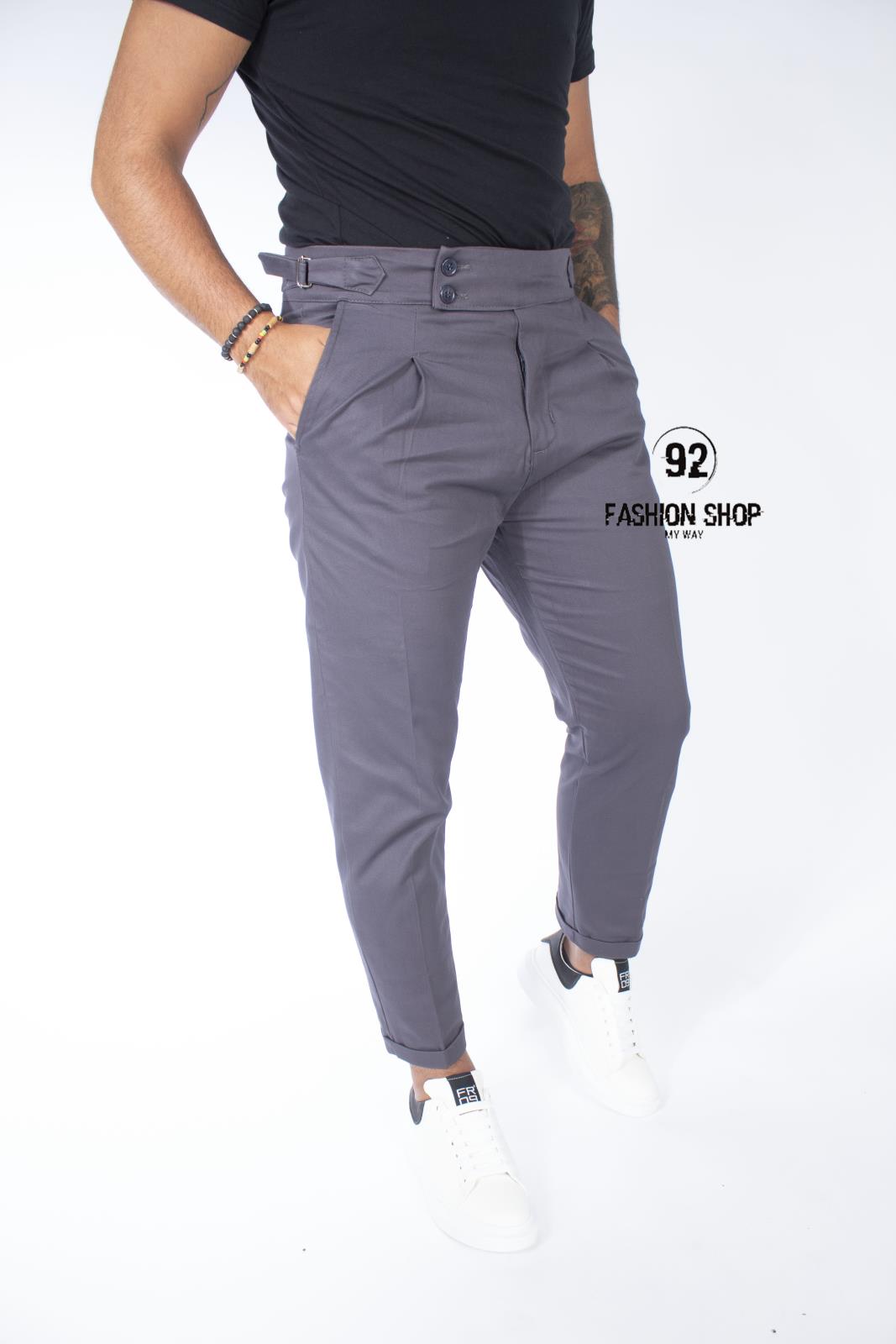 Pantalone Grigio Vita Alta Doppio Bottone Con Cinturino Tasca America Art. Pt60