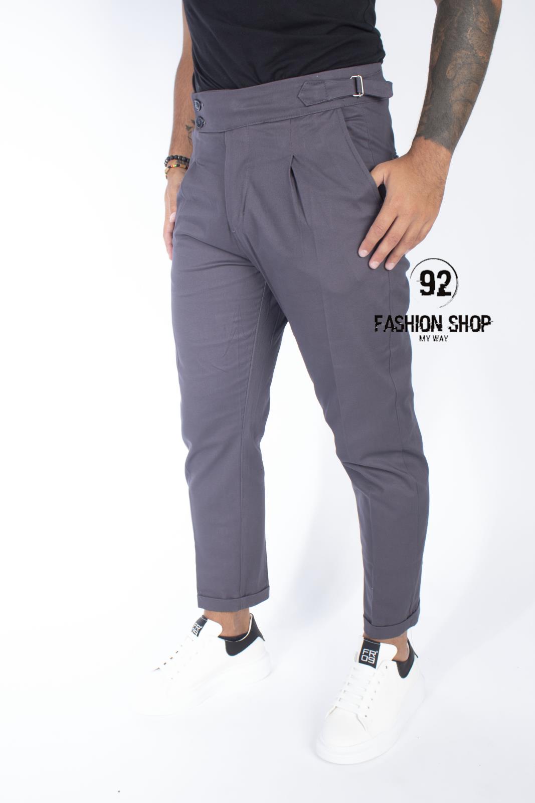 Pantalone Grigio Vita Alta Doppio Bottone Con Cinturino Tasca America Art. Pt60