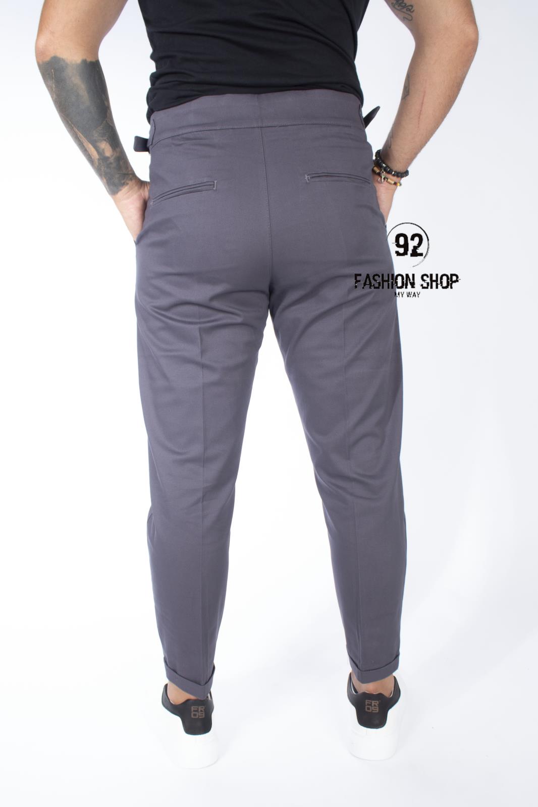 Pantalone Grigio Vita Alta Doppio Bottone Con Cinturino Tasca America Art. Pt60