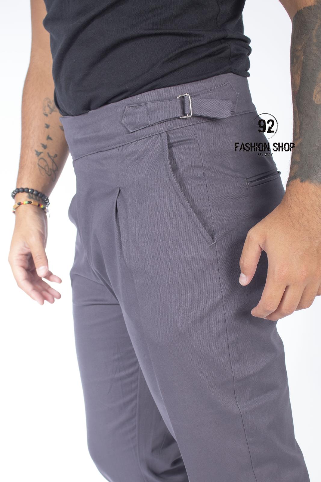 Pantalone Grigio Vita Alta Doppio Bottone Con Cinturino Tasca America Art. Pt60