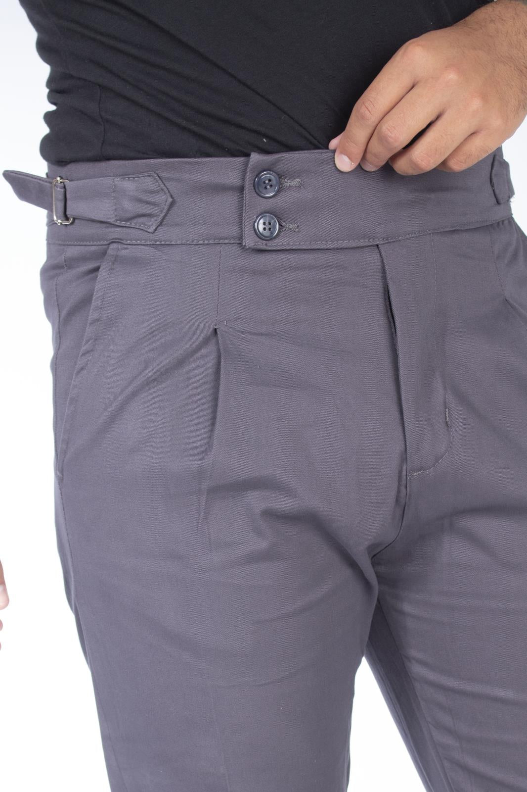 Pantalone Grigio Vita Alta Doppio Bottone Con Cinturino Tasca America Art. Pt60