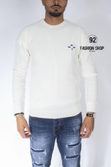MAGLIONCINO UOMO TINTA UNITA BIANCO BOTTONE CUCITO AL PETTO E RICAMO AI GOMITI STILE TOPPE ART. MG41