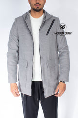 CAPPOTTO GIACCA UOMO CHIUSURA ZIP TINTA UNITA CON CAPUCCIO E TASCONI GRIGIO ART. CP10