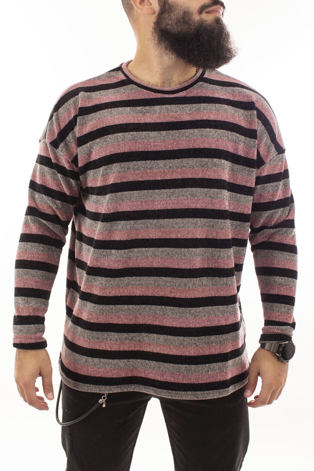 MAGLIONE UOMO GIROCOLLO VELLUTATO FANTASIA A RIGHE ROSA ART. MG49