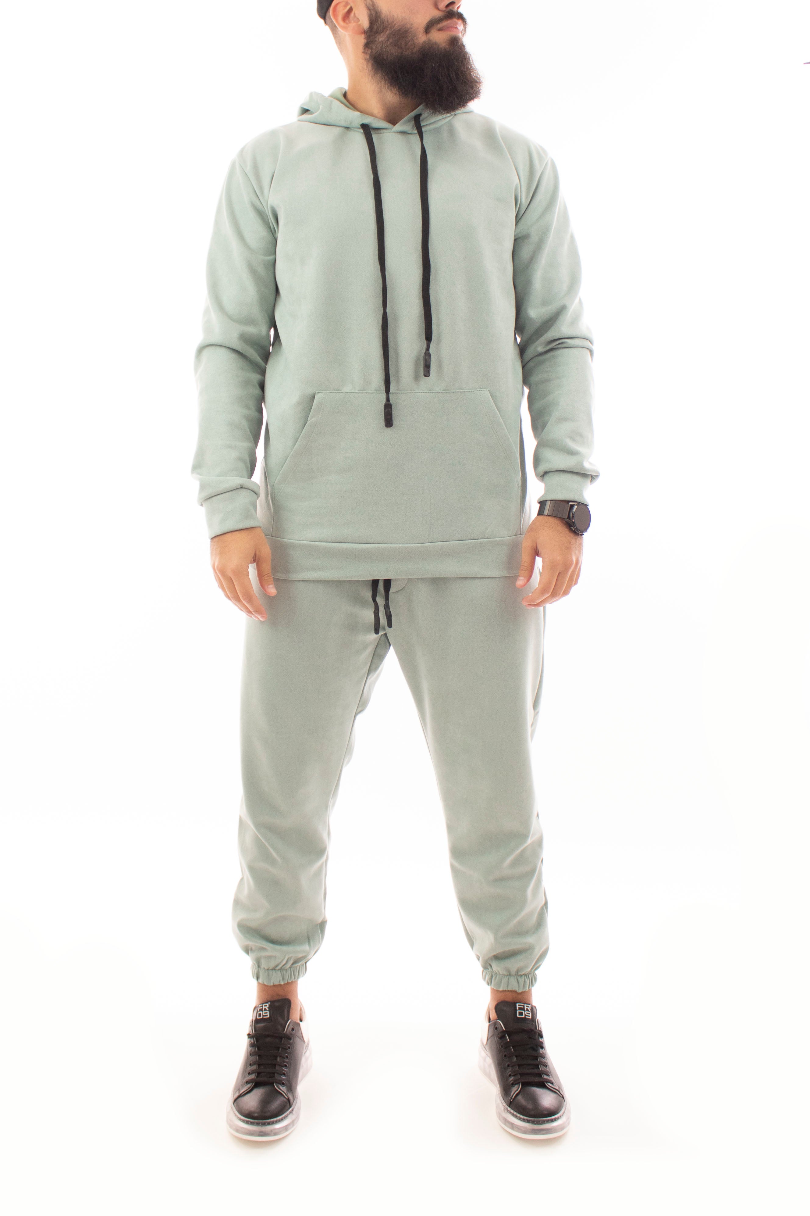 TUTA COMPLETO EFFETTO CAMOSCIO TINTA UNITA CON TASCA FRONTALE E CAPPUCCIO VERDE ACQUA ART. TT36