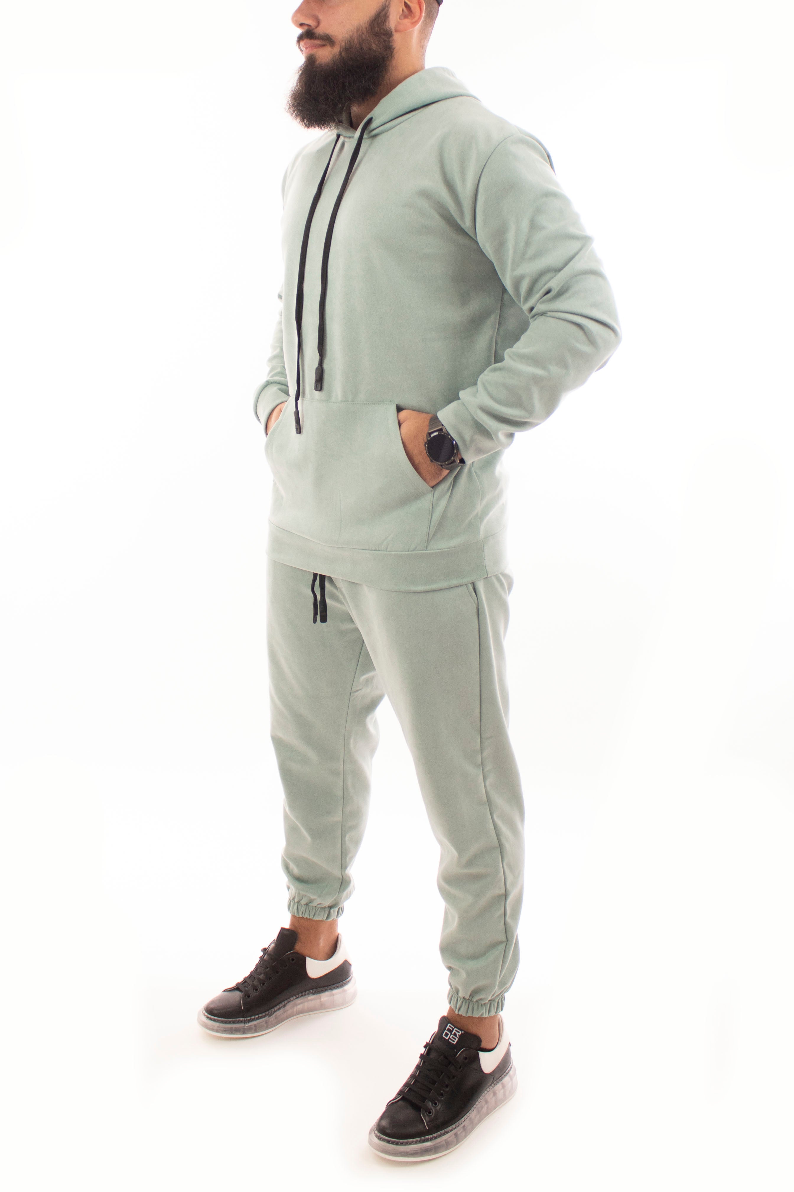 TUTA COMPLETO EFFETTO CAMOSCIO TINTA UNITA CON TASCA FRONTALE E CAPPUCCIO VERDE ACQUA ART. TT36