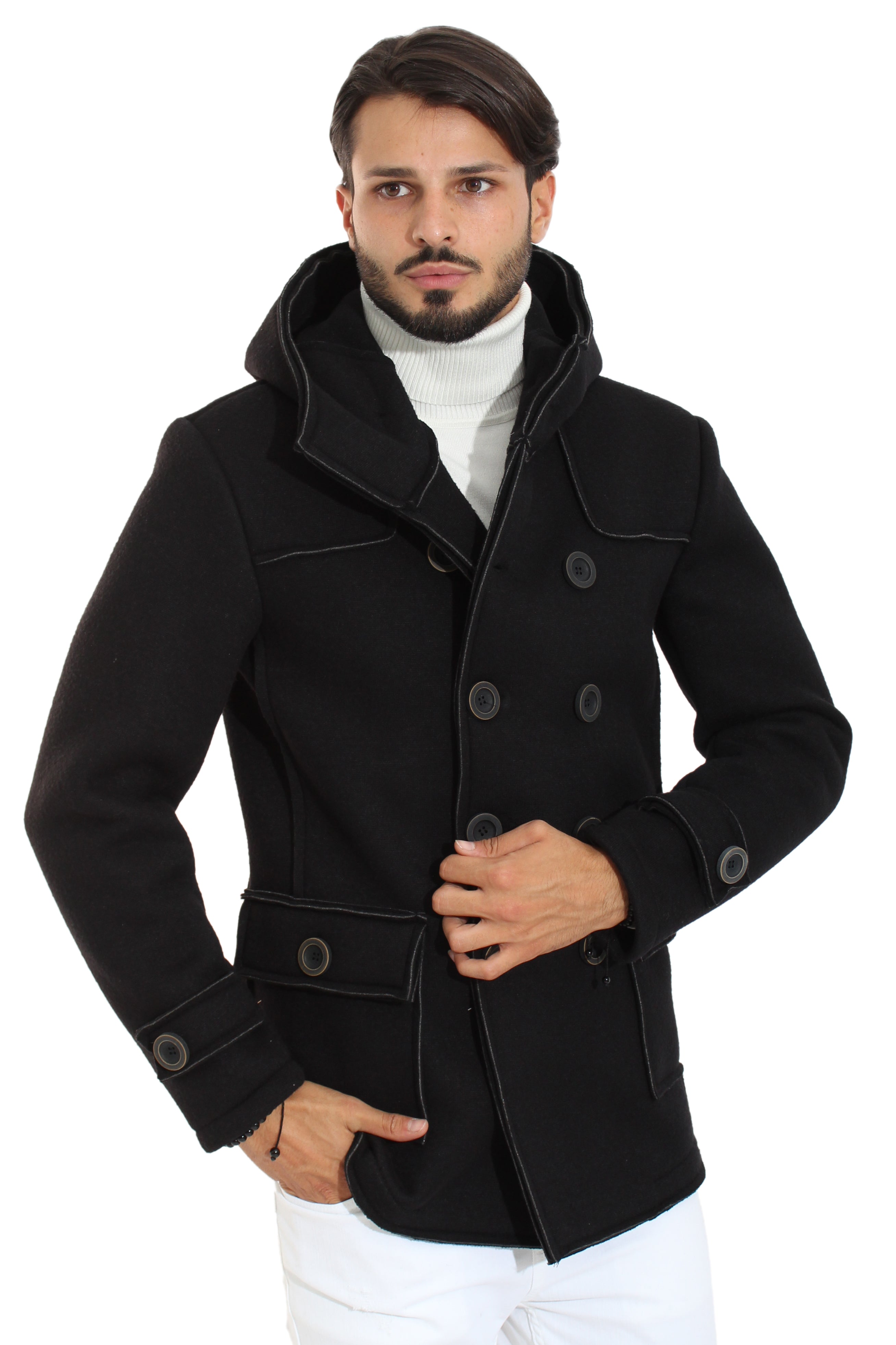 Cappotto Uomo Giacca Con Cappuccio Doppio Petto Con Tasche Laterali Art. Cp16