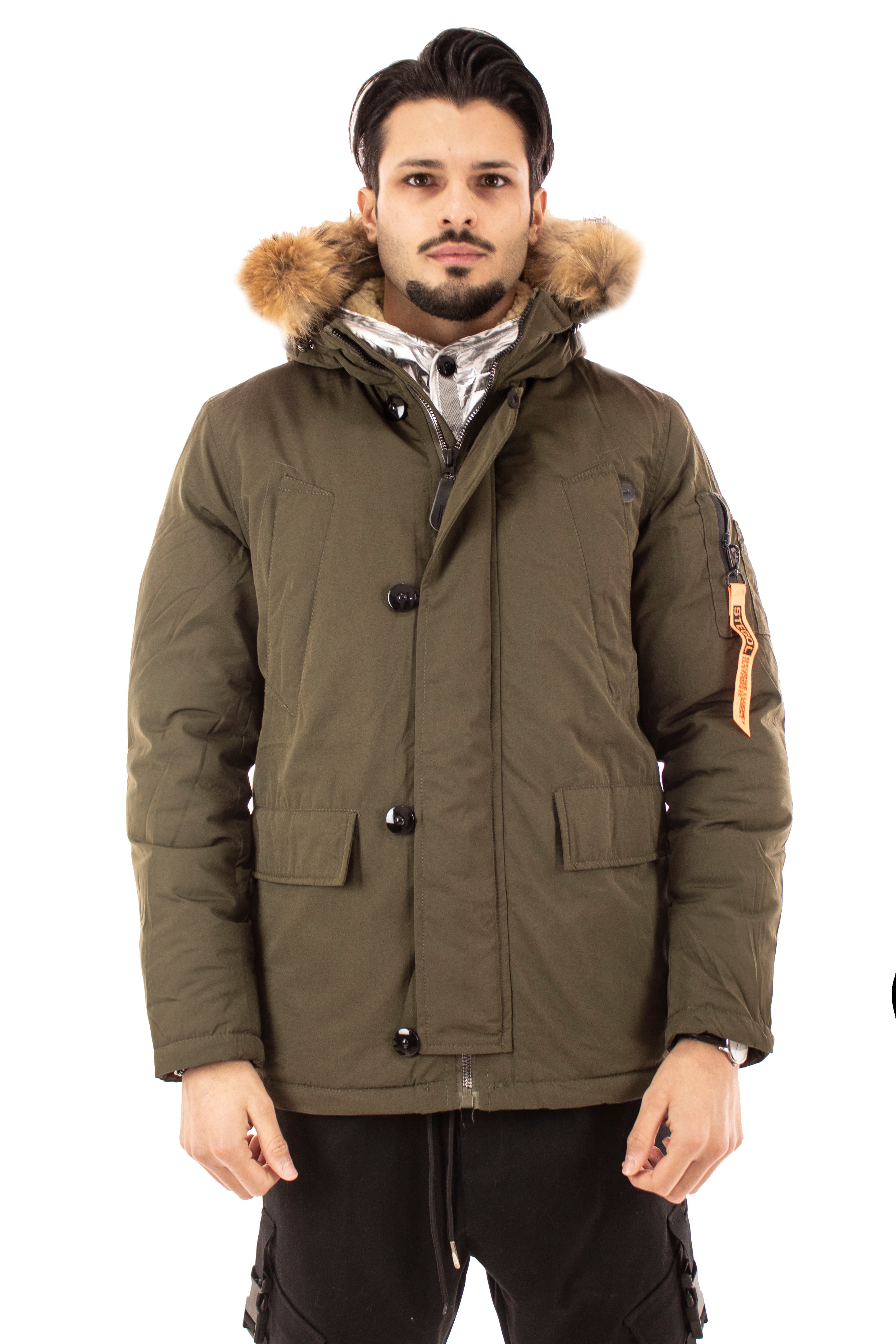 GIUBBOTTO PARKA UOMO CON CAPPUCCIO IMBOTTITURA TERMICA DOPPIA CHIUSURA BOTTONI VERDE ART. GB57