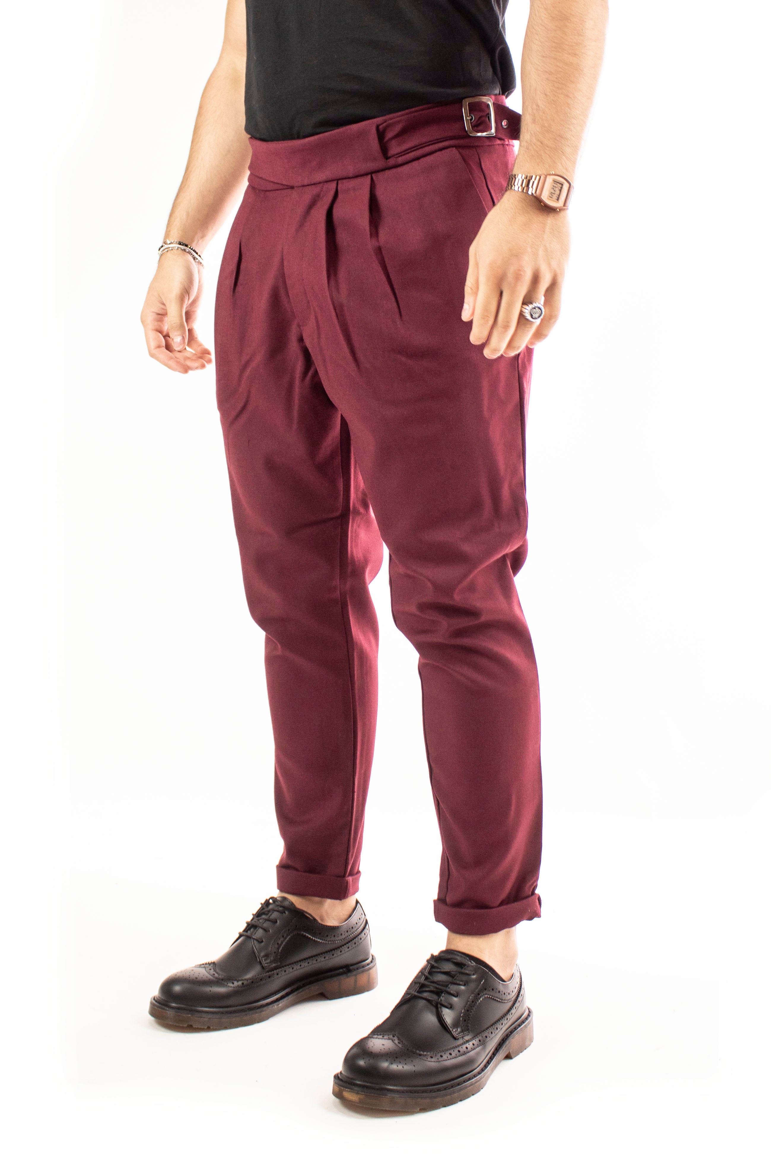 Pantalone Bordeaux Uomo Vita Alta Blacksvnday Tasca America Con Doppio Cinturino Pinces Cavallo Basso Art. Pt74