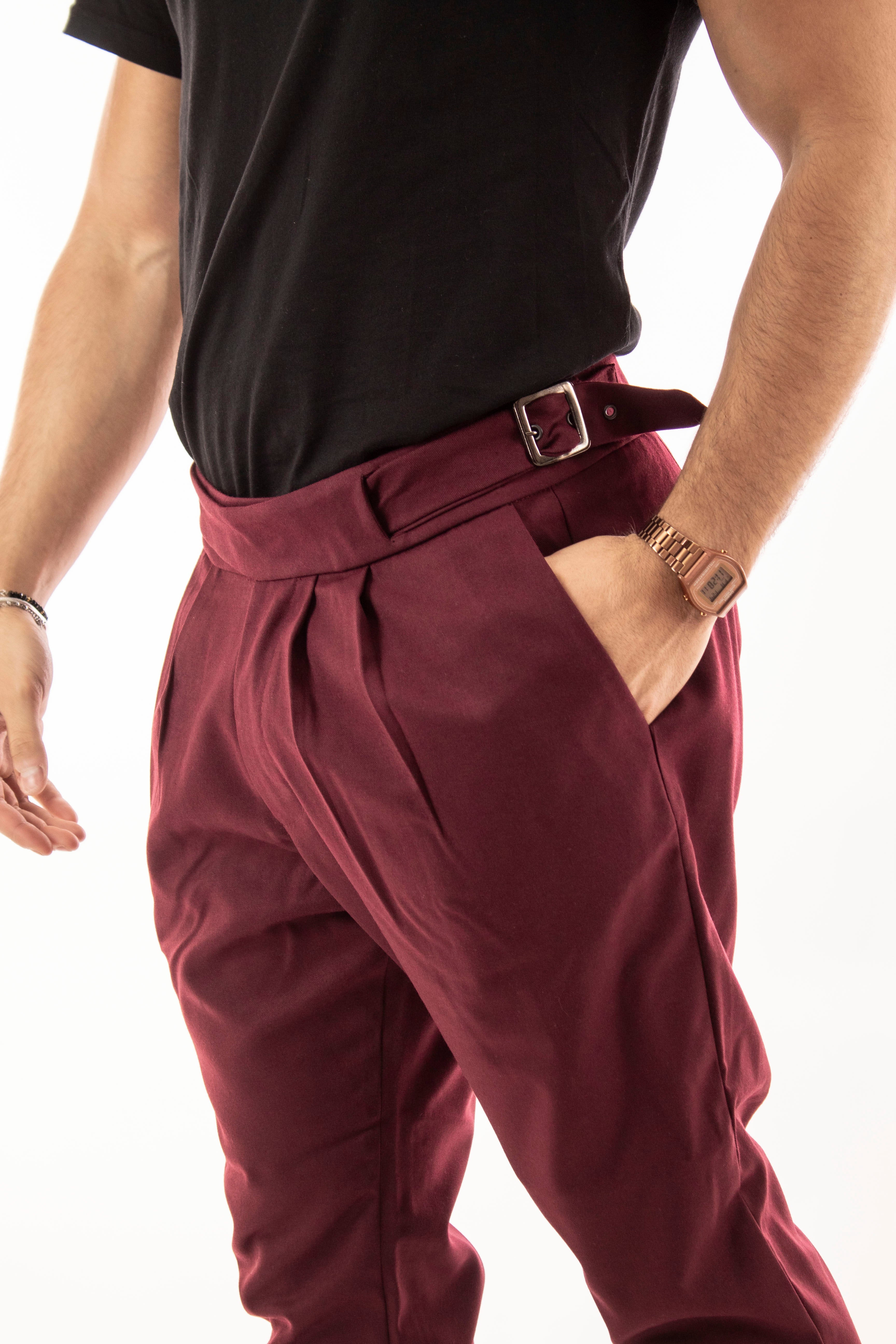 Pantalone Bordeaux Uomo Vita Alta Blacksvnday Tasca America Con Doppio Cinturino Pinces Cavallo Basso Art. Pt74