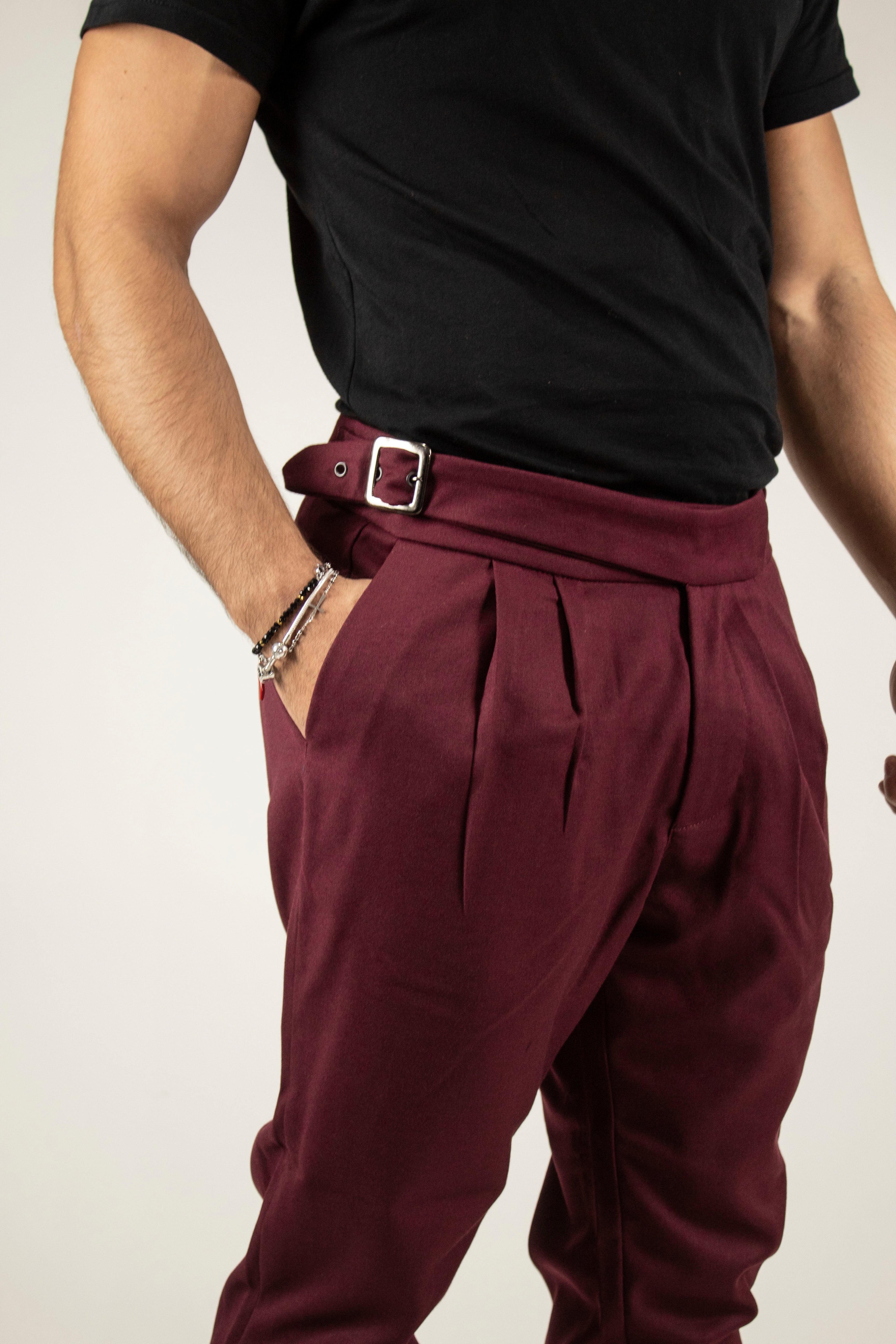 Pantalone Bordeaux Uomo Vita Alta Blacksvnday Tasca America Con Doppio Cinturino Pinces Cavallo Basso Art. Pt74